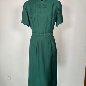 Vintage 60s Green Faux Silk Aline Dress Soutache Jacket w/Belt 3 PC M/L